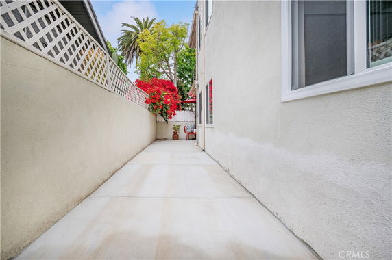 Narrow outdoor passageway between two buildings with concrete flooring and potted plants.
