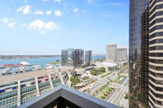 Panoramic view of a cityscape with waterfront and modern buildings.