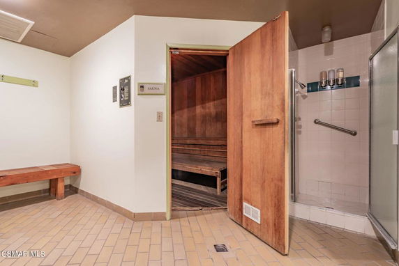 Interior view of a sauna room with a wooden door, adjacent to a shower area with tiled walls.
