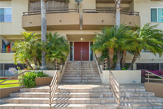 Front view of a building entrance with stairs and palm trees.