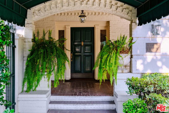Front view of a house entrance with a green door and decorative plants.