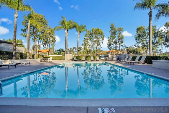 Outdoor swimming pool surrounded by trees and lounge chairs.