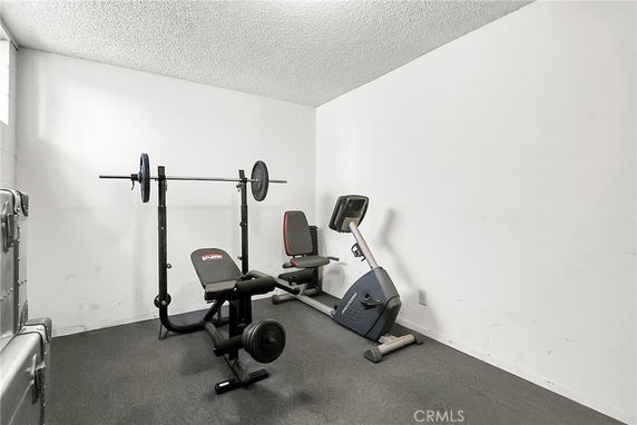 Indoor room set up as a gym with exercise equipment.