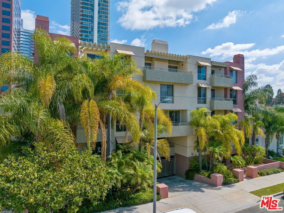 Front view of a multi-story residential building with balconies and surrounding palm trees.