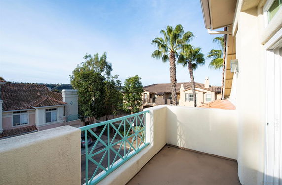View from the balcony of a residential area with palm trees and neighboring homes.