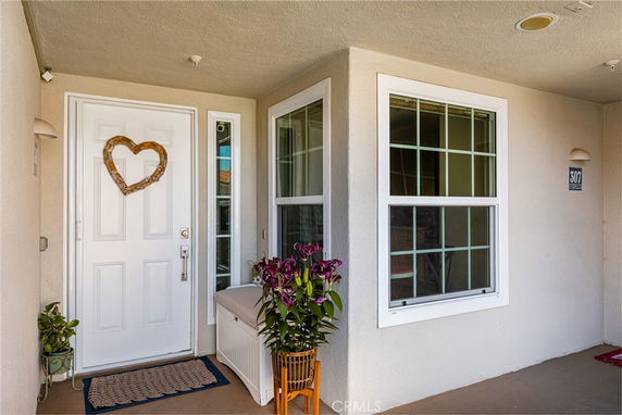 Exterior entrance view of a house with a decorated white door and a modern window.