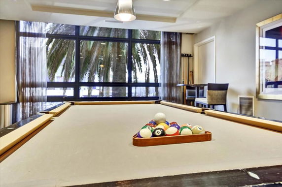 Room with a billiards table and window view of palm trees.