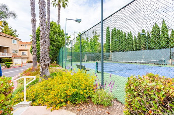 Outdoor tennis court surrounded by a chain-link fence and vegetation.