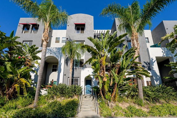Front view of a modern multi-story building with palm trees.