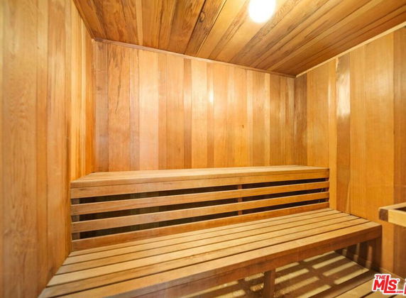 Interior view of a wooden sauna room.
