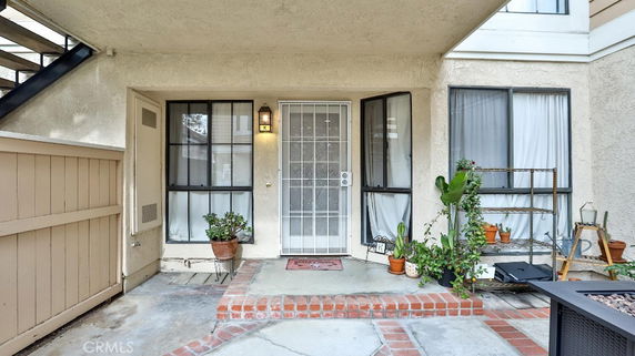 Front view of a house entrance with a door, windows, and potted plants.