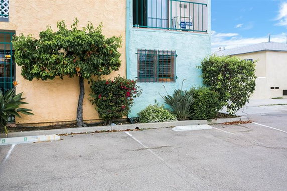 Empty outdoor parking space next to a building with colorful walls and some plants.