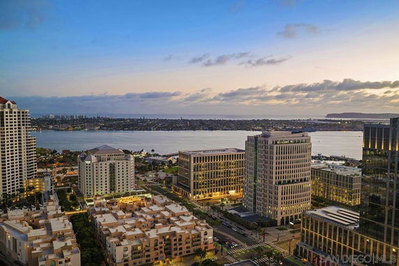Panoramic view of urban skyline with buildings and a body of water at sunset.