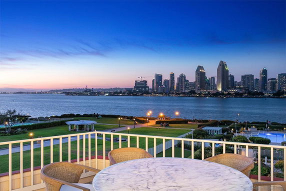 Panoramic view of a city skyline with water and green landscape in the foreground.