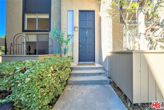 Front view of an entryway to a residential building with steps leading to a dark door.
