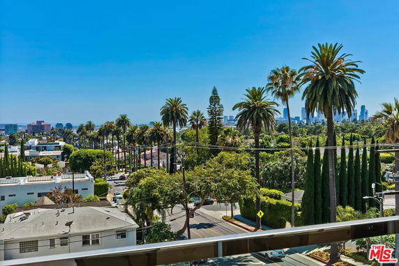Panoramic view of a cityscape with trees and buildings in the foreground, and the skyline in the distance.