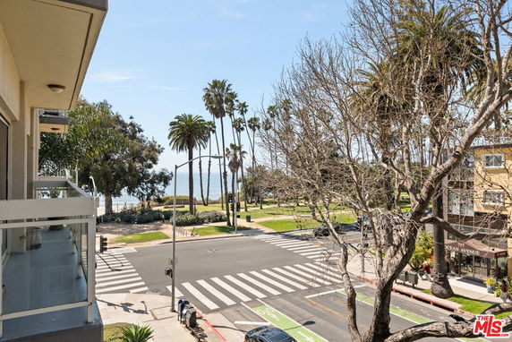 View from a building balcony overlooking a street, palm trees, and the ocean.