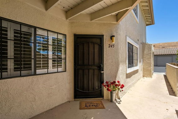 Front entrance view of a house with a dark wooden door and beige exterior.