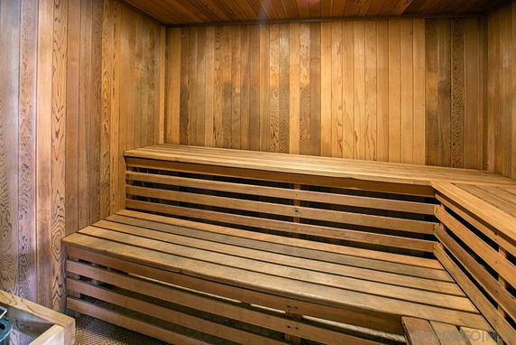Wooden sauna room with seating benches.
