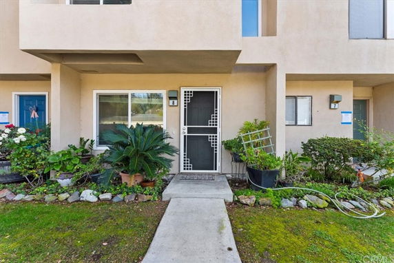 Front view of a residential building entrance with a door and window.