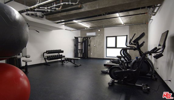 Indoor gym area with exercise equipment and fitness balls.