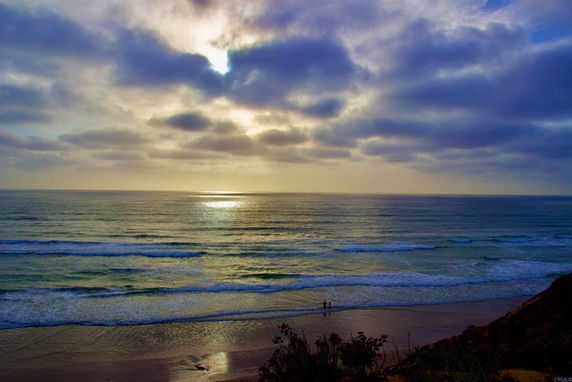 Panoramic view of an ocean with a cloudy sky.
