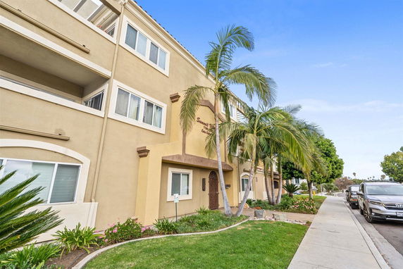 Front view of a multi-story building with palm trees and adjacent sidewalk.