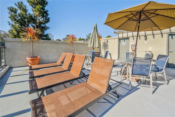 Rooftop with lounge chairs, potted plants, and patio umbrellas.