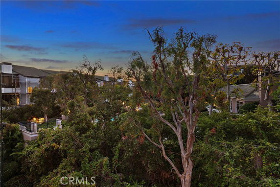 View of surrounding residential area with trees and multiple buildings at dusk.
