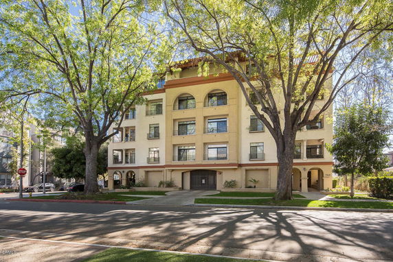 Front view of a multi-story apartment building