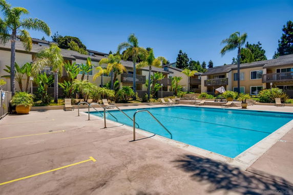 Outdoor swimming pool area surrounded by apartment buildings with palm trees and lounge chairs.