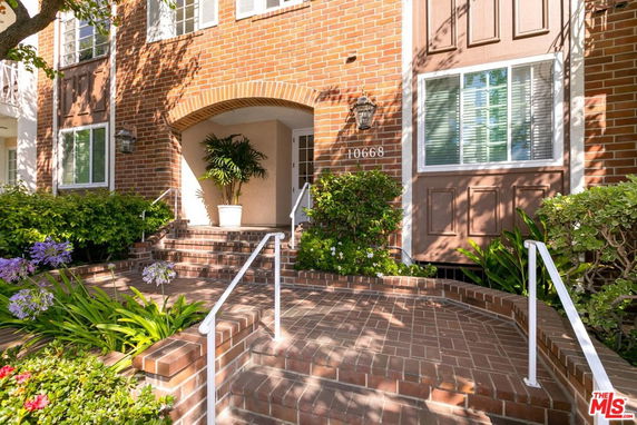 Front view of a brick house entrance with steps and a potted plant.