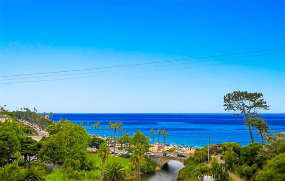 Wide angle view of a coastal area with the ocean, palm trees, and a bridge.