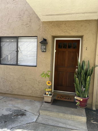 Front view of a house entrance with a wooden door and a window.