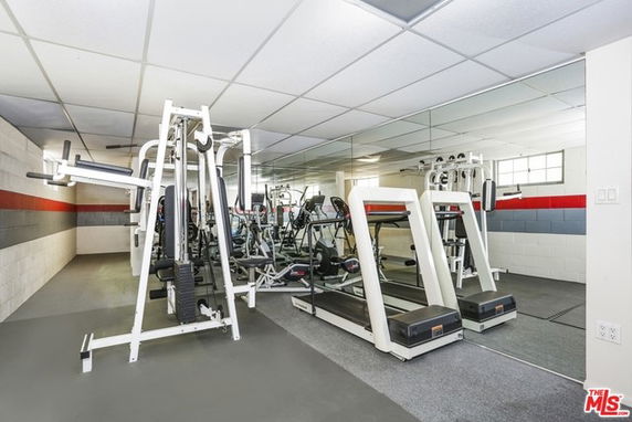 Indoor gym area with treadmills and weight machines.