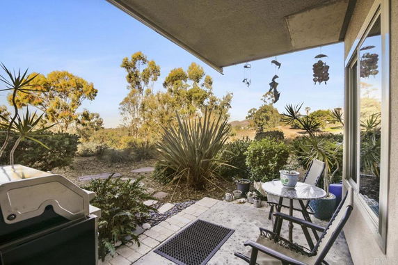 Outdoor area with chairs and plants, overlooking natural surroundings with trees.