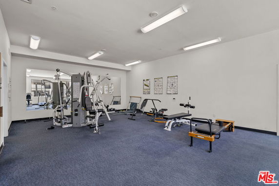 Indoor gym area with various exercise equipment and mirrors on the wall.