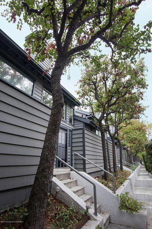 Front view of a multi-story building with horizontal siding and trees lining the walkway.