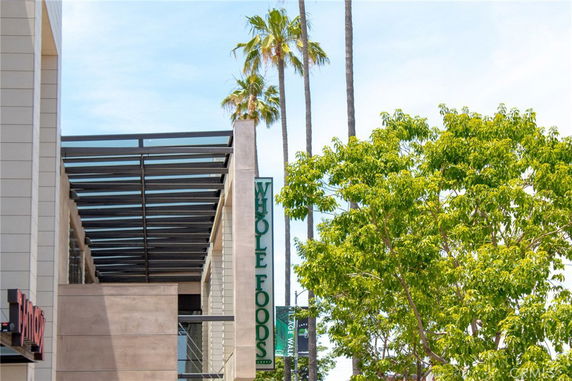 Front view of a commercial building with a sign for Whole Foods and adjacent palm trees.