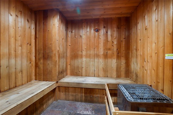 Interior view of a wooden sauna room