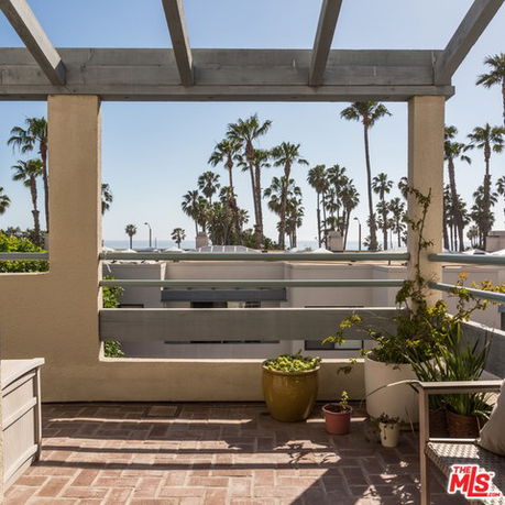 View from a building patio showing palm trees and distant ocean.