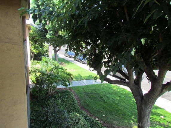 View of the surrounding area with trees and a grassy patch.
