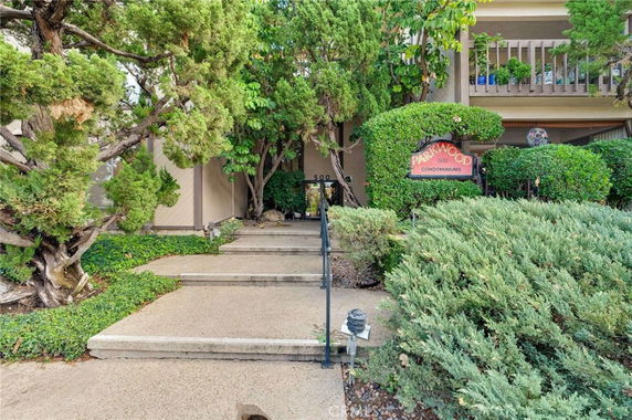 Entrance view of a condominium building with steps and greenery.