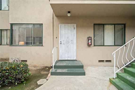 Front view of a building with two windows and a metal door.