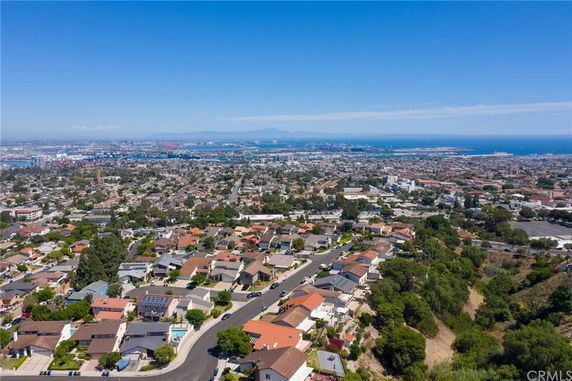 Aerial view of residential area with ocean in the background.