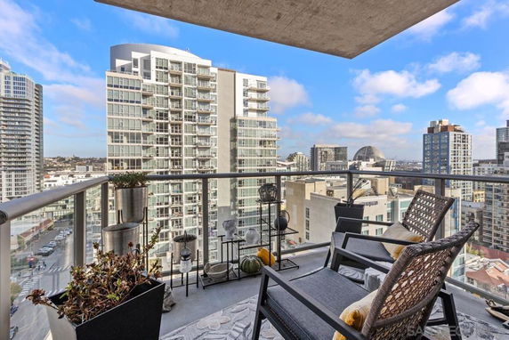 Balcony view of urban high-rise buildings.