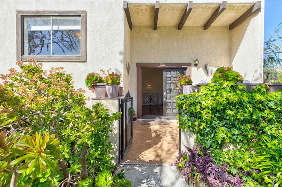 Front view of a house entrance with a garden and decorative plants.