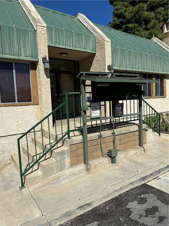 Front view of a building entrance with a green metal roof and steps leading up to a door.
