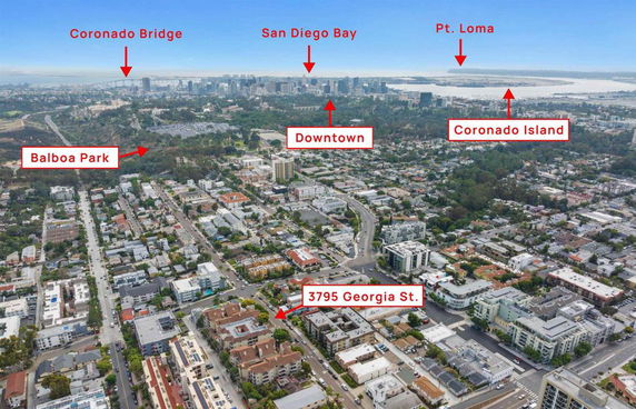 Aerial panoramic view of a bustling urban area with labeled landmarks and a specific street highlighted.