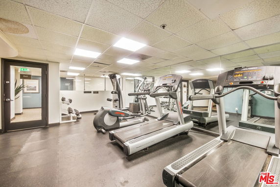 Indoor gym area with treadmills and weights.